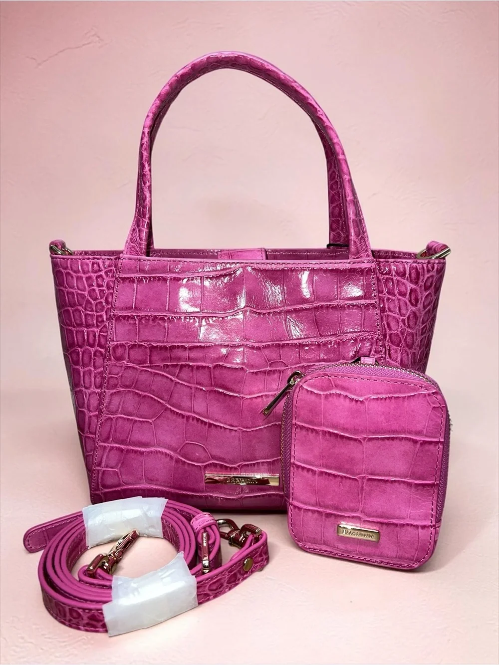 NWT Brahmin Leather Small Mona Tote and Pouch Set, Pink Alba